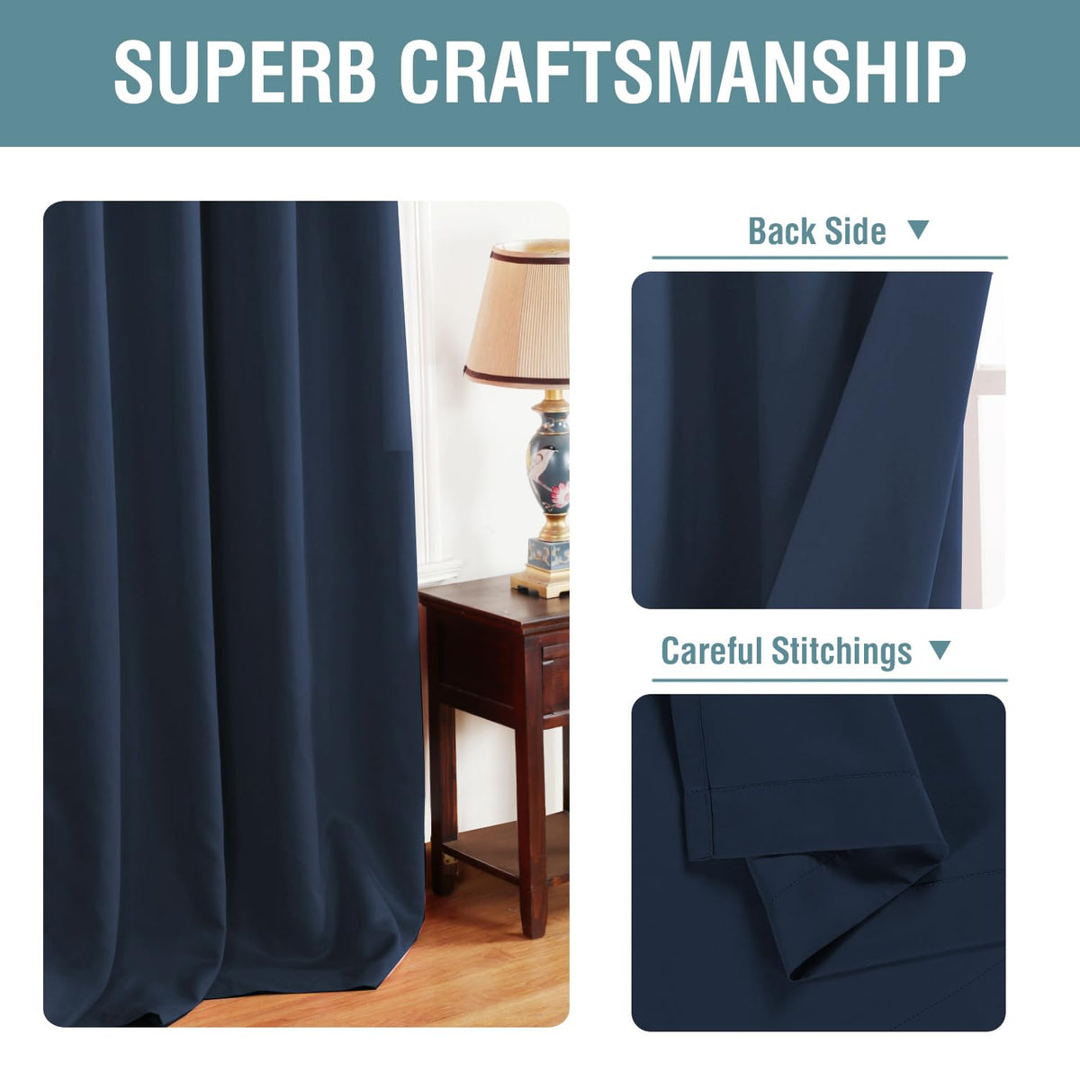 H.VERSAILTEX Ultra Soft Premier Blackout Curtain navy rod header for easy setup