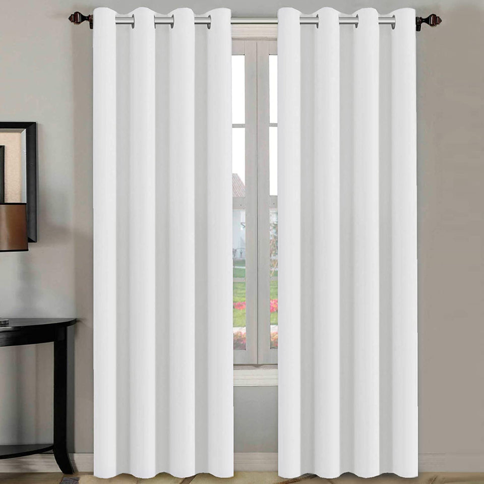 H.VERSAILTEX white curtains on living room rod showing panel left view for privacy and light control
