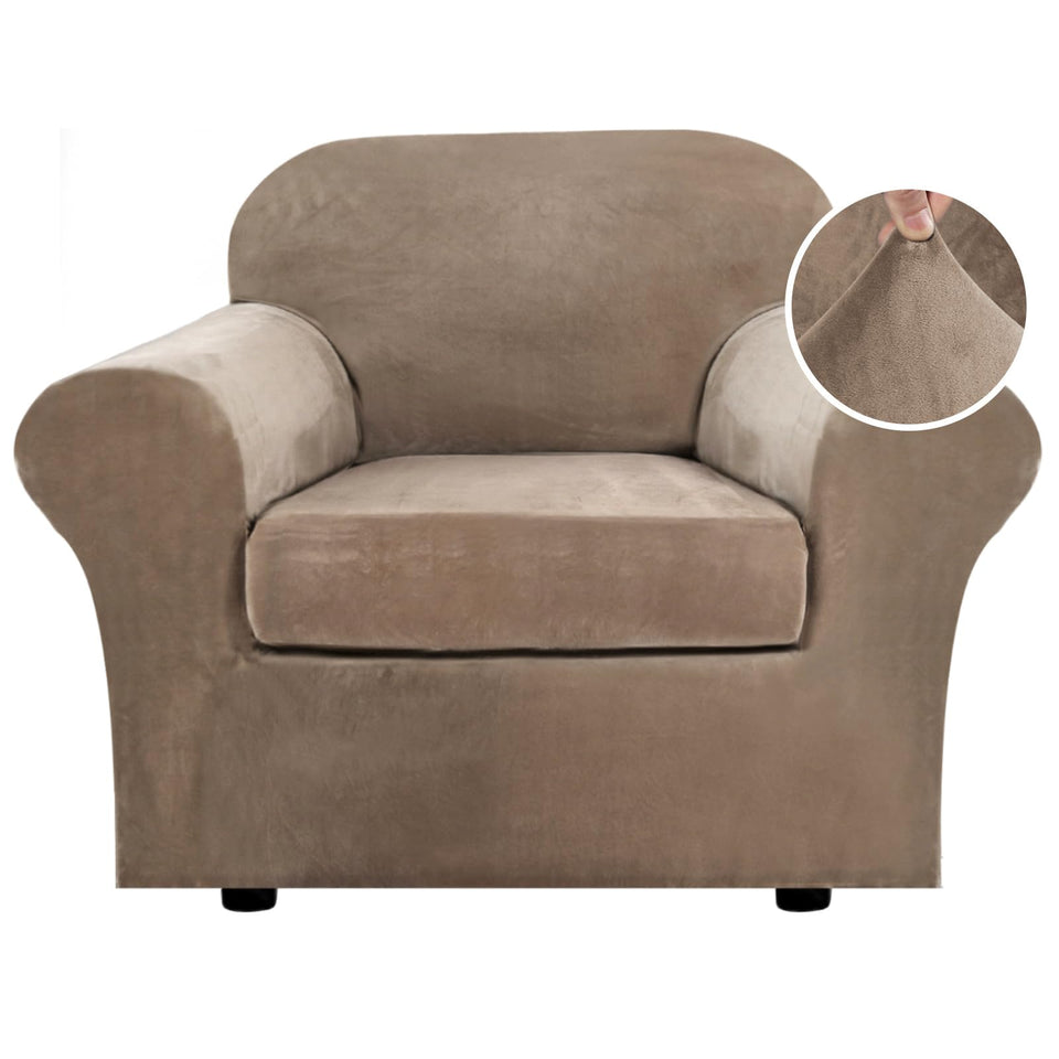 H.VERSAILTEX rich velvet base slipcover in camel provides a plush protective fit.