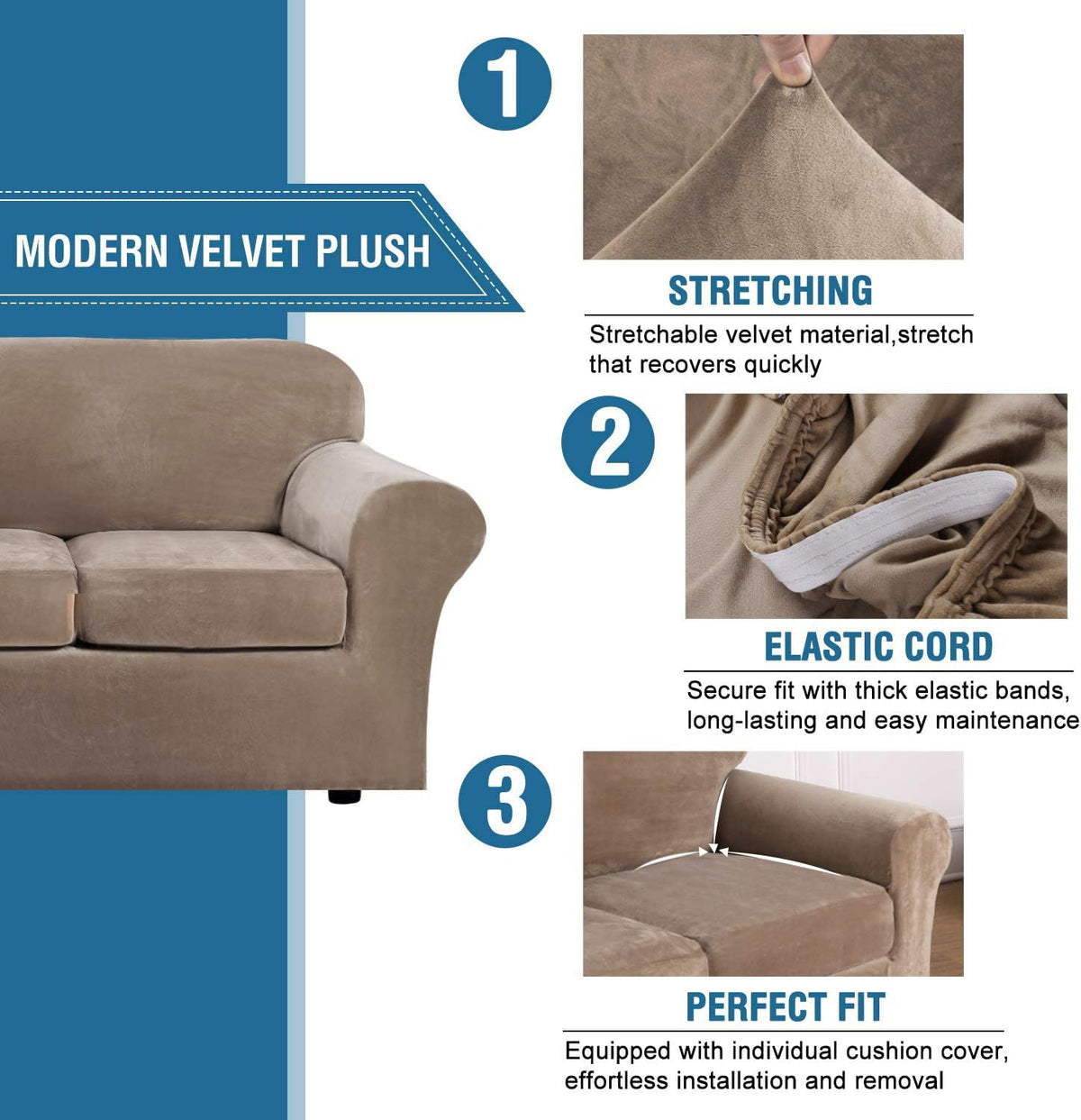 H.VERSAILTEX slipcover with elastic bottom edges keeps fabric smooth.