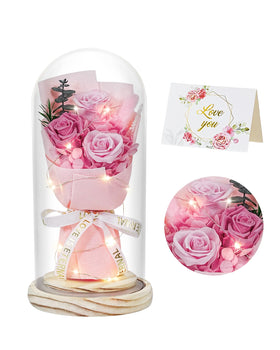 HVY blue-white roses in a glass dome, a durable centerpiece for home décor