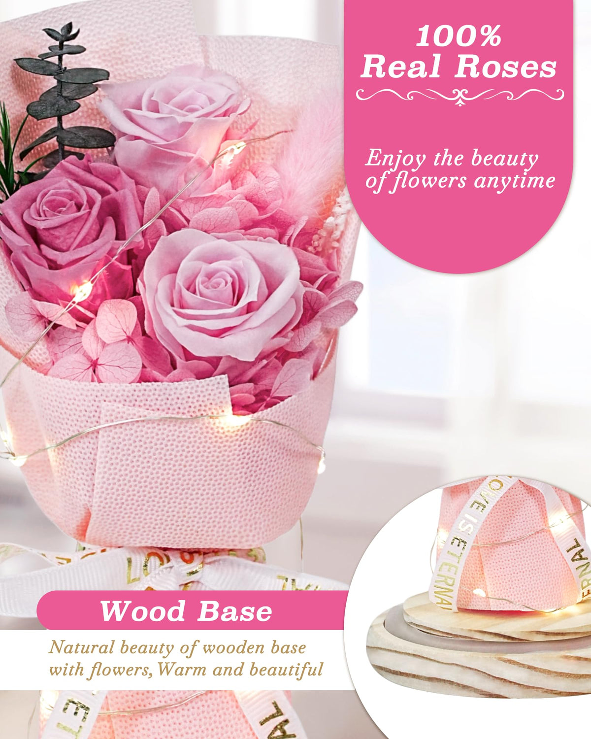 HVY glass-dome with wooden base showcasing blue-white preserved roses