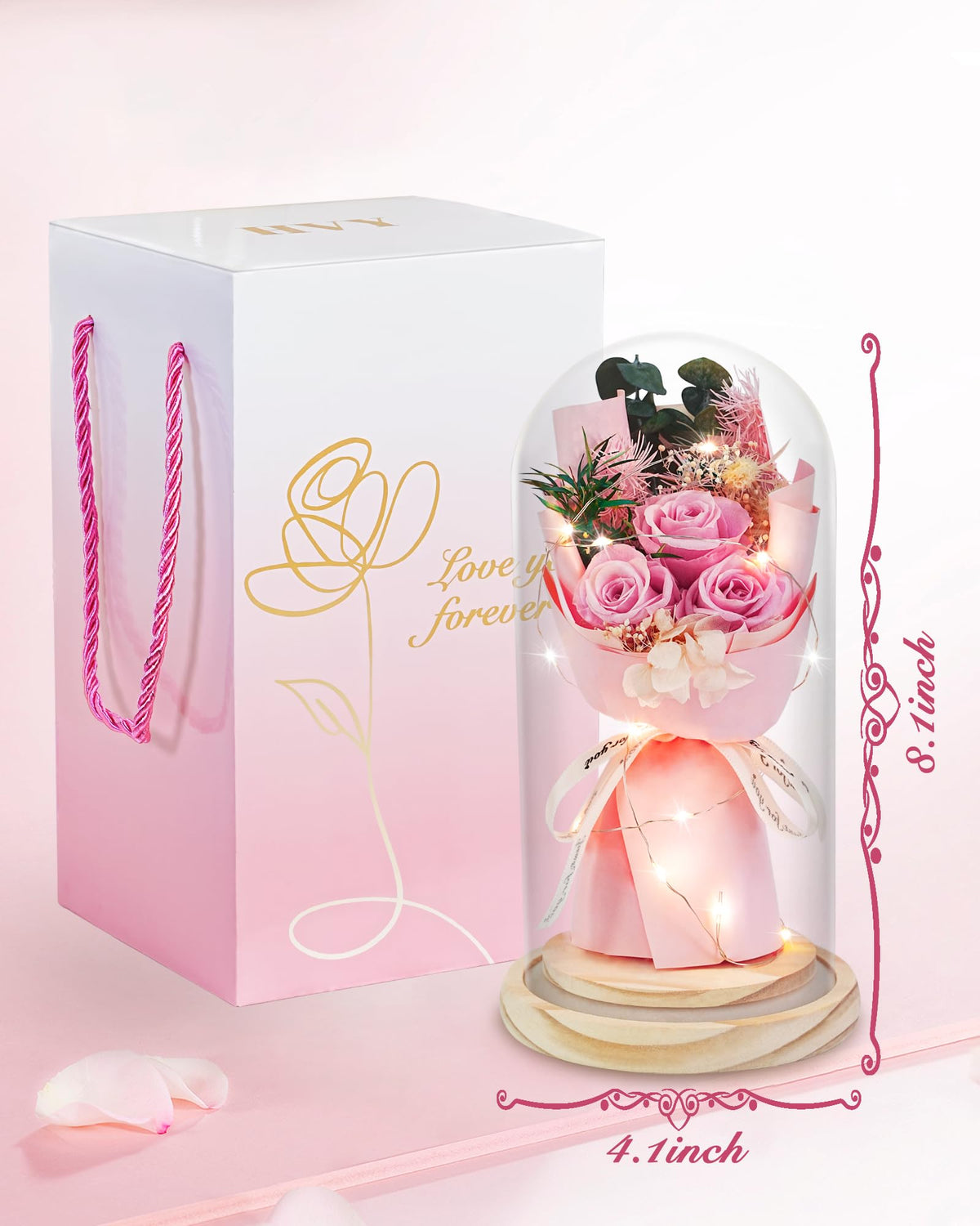HVY preserved-rose on wooden base, elegant display that lasts for years.