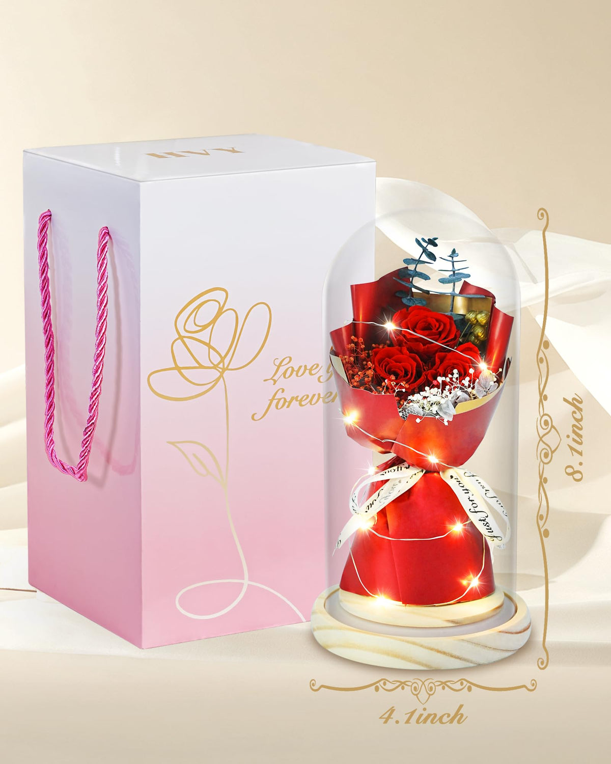 HVY rose under glass dome showcases elegant, protected display.