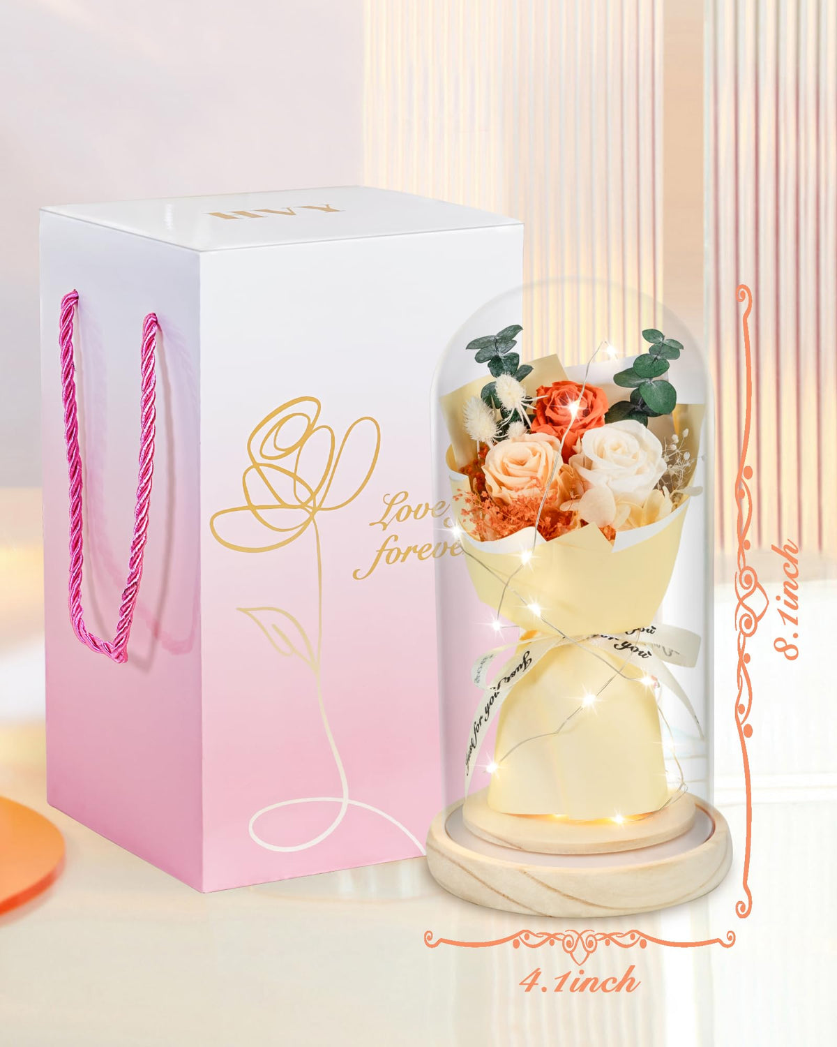 HVY-wood-base-dome-stand provides stable, stylish presentation for the preserved bouquet.