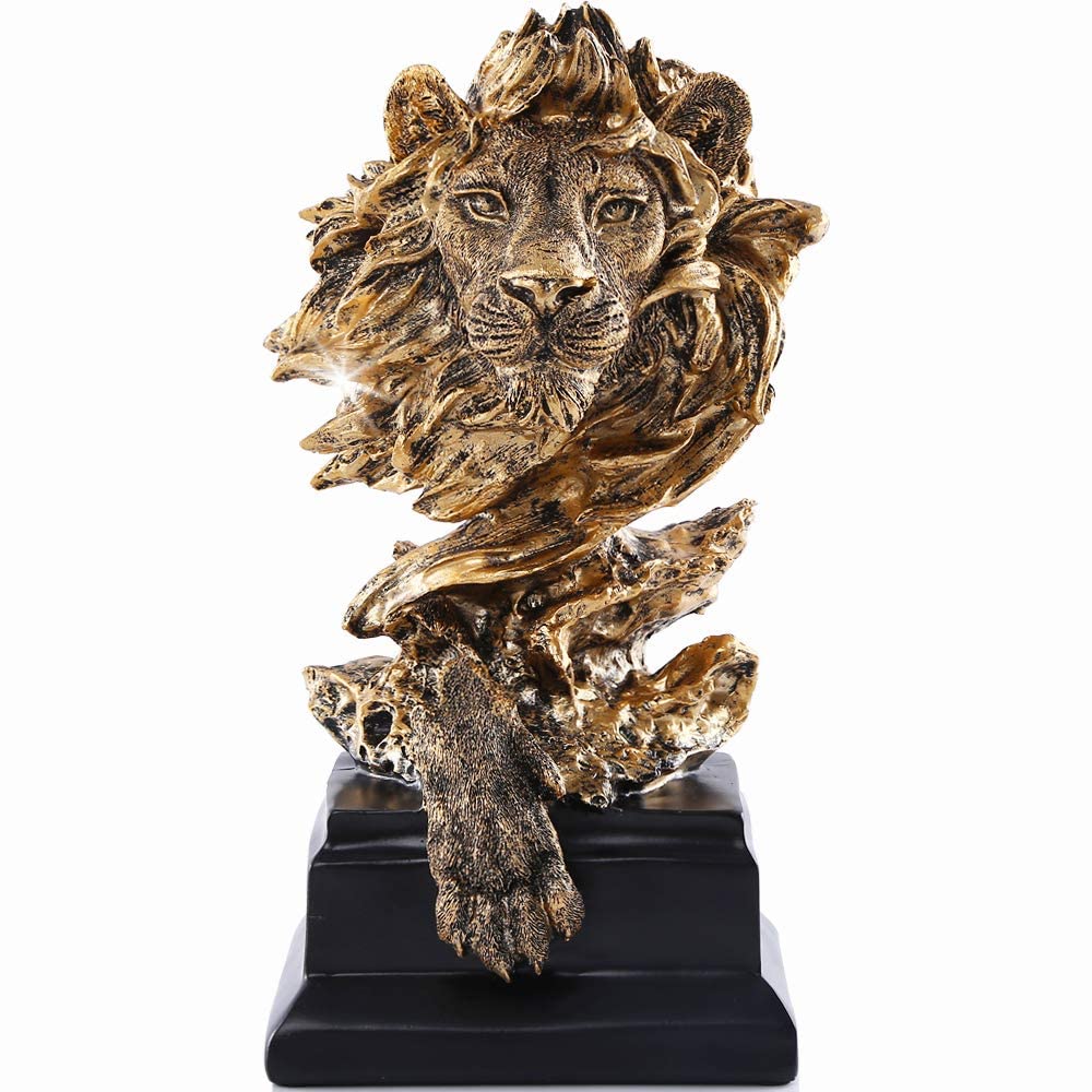 H&W Sandstone Lion front view, majestic golden statue for elegant home decor.