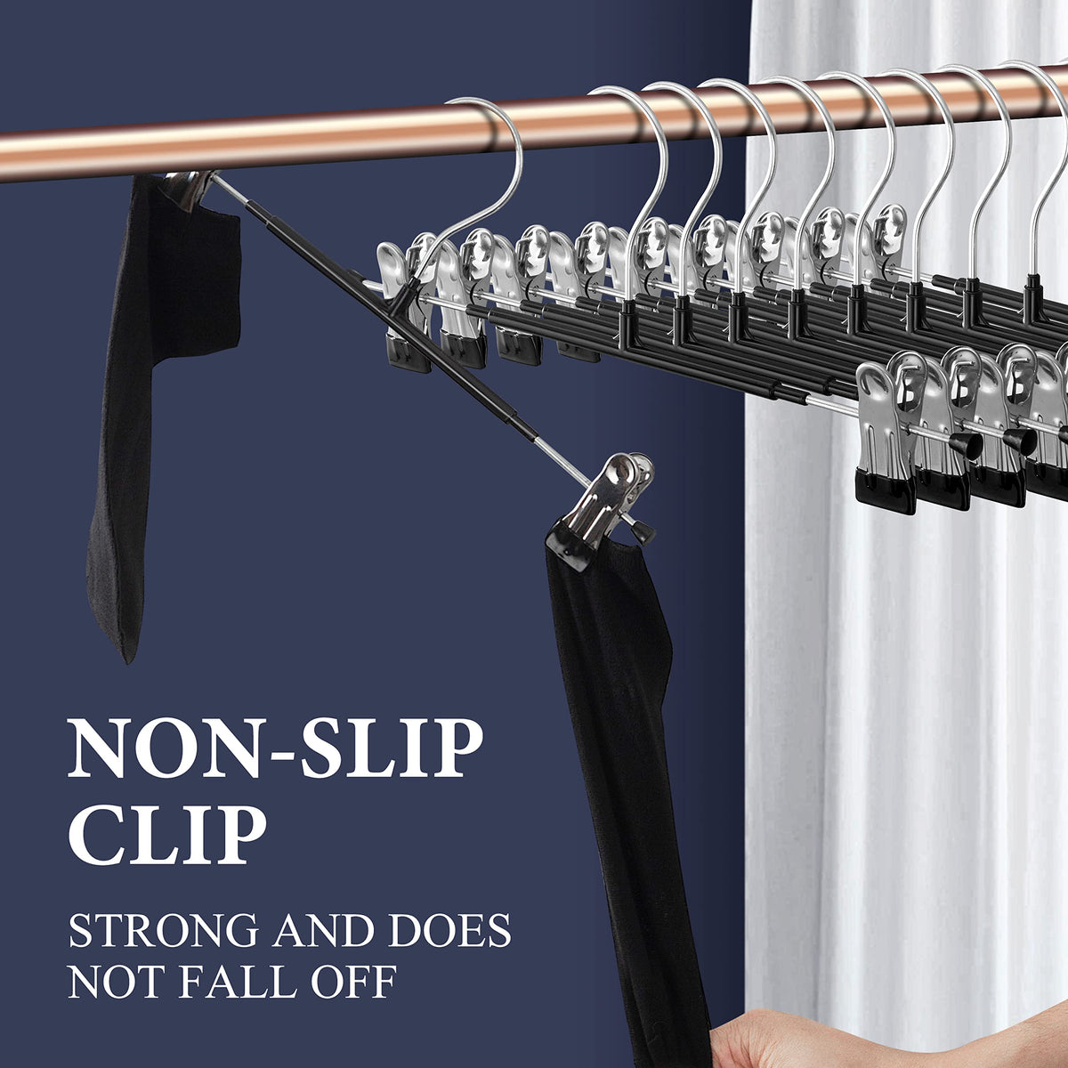HWAJAN pants hangers closeup shows strong clip grip.