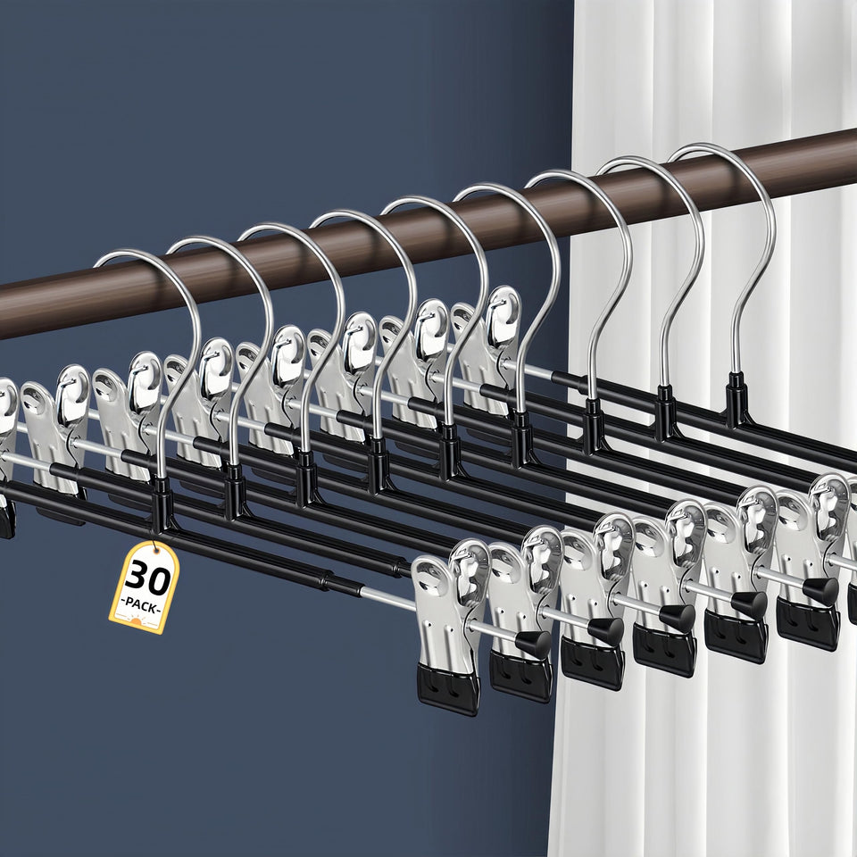 HWAJAN 30PACK pants hanger with clips keeps pants neatly organized and secure.