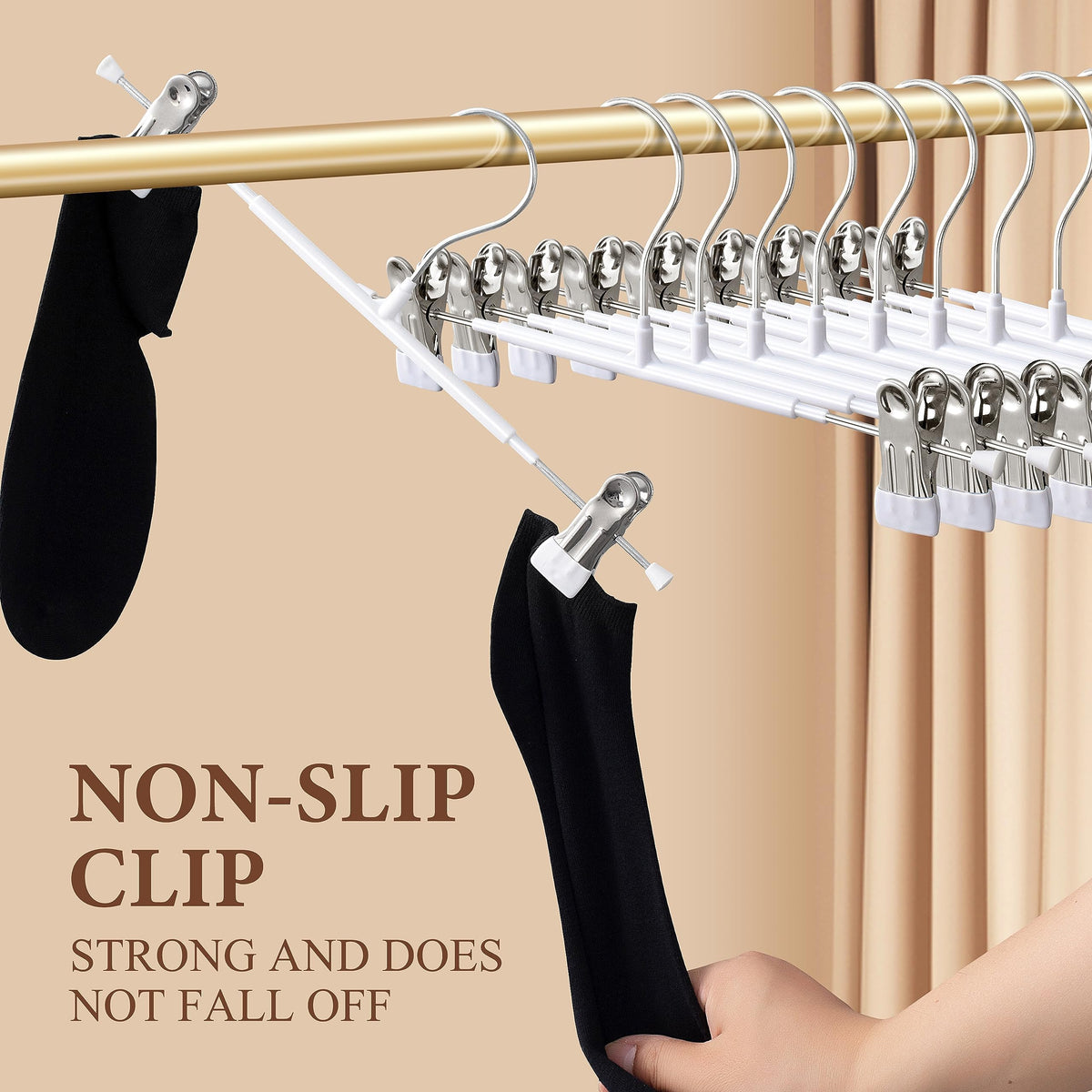 HWAJAN adjustable clip hangers adapt to various sizes for pants, skirts, and more.