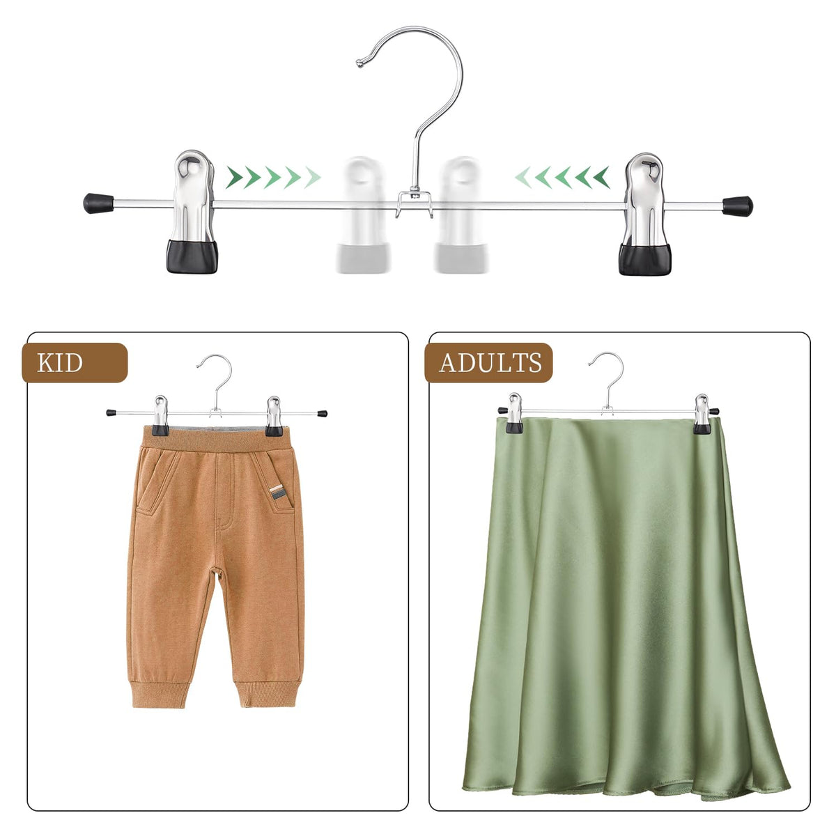 HWAJAN adjustable skirt hangers with clips showing versatile sizing.
