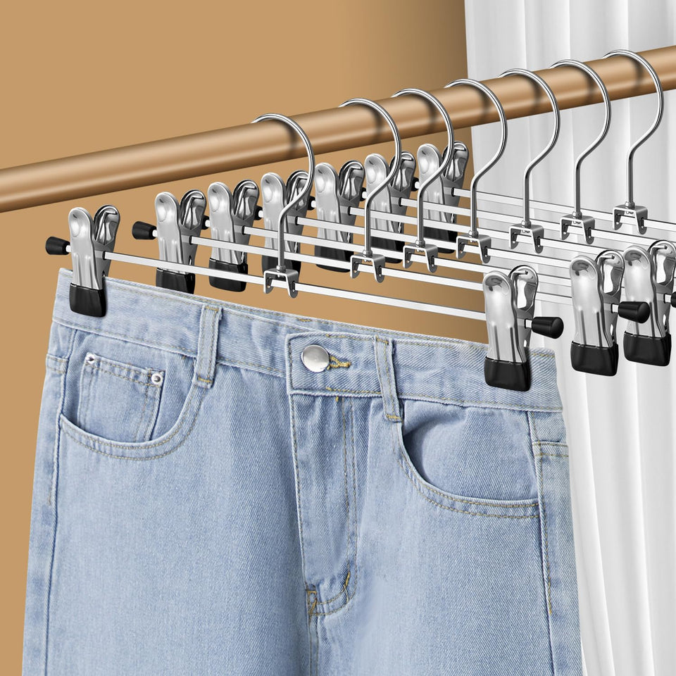 HWAJAN pants hangers with clips keep closet organized and rust-resistant.