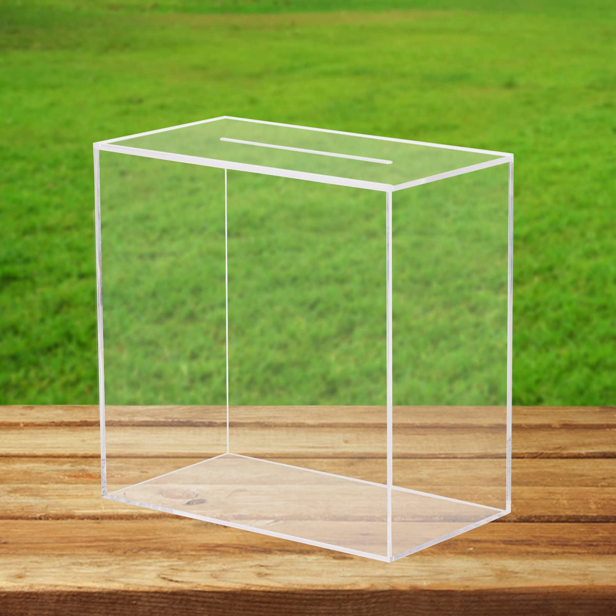 Hxezoc clear acrylic wedding card box, top view highlighting crystal clarity for guest cards.