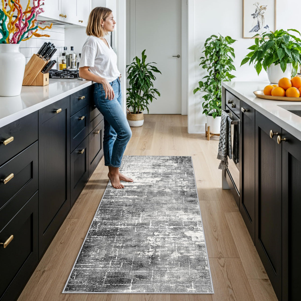 HY HAO YUN LAI 2x6 abstract kitchen runner in black and grey, modern style for any room.