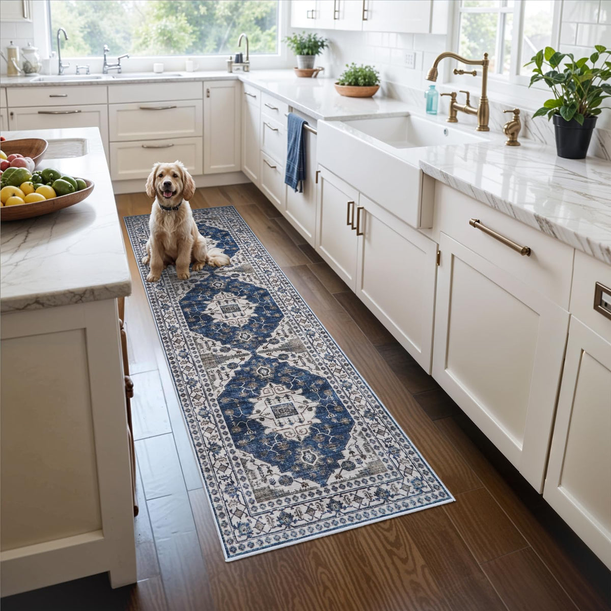 HY HAO YUN LAI blue hallway rug adds color and comfort to busy entryways.