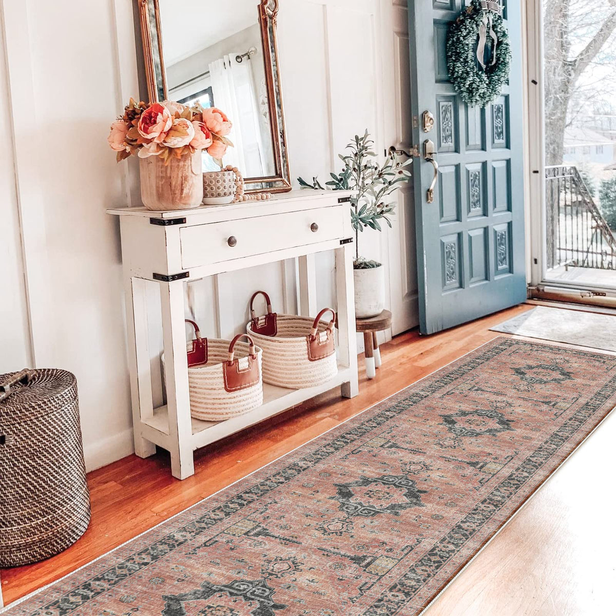 HY Hao Yun Lai entryway rug orange pattern brightens spaces with subtle farmhouse charm.