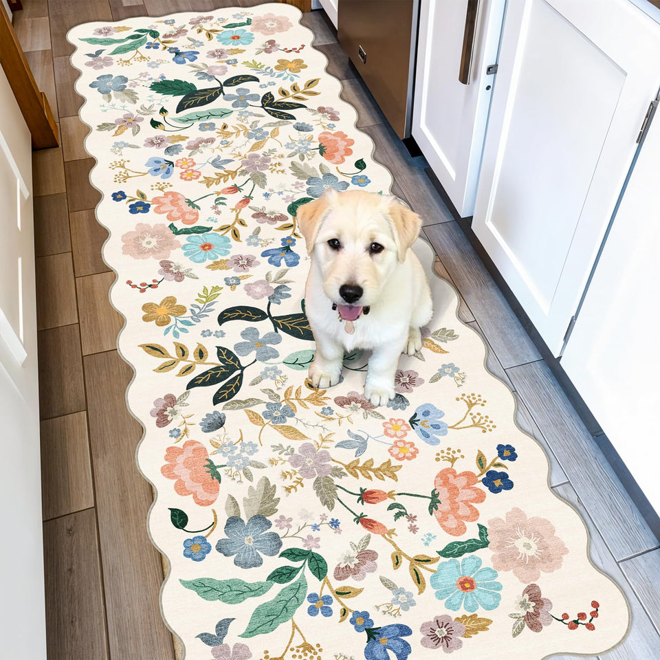 HY HAO YUN LAI floral runner in cream for high-traffic entryways, soft and inviting.