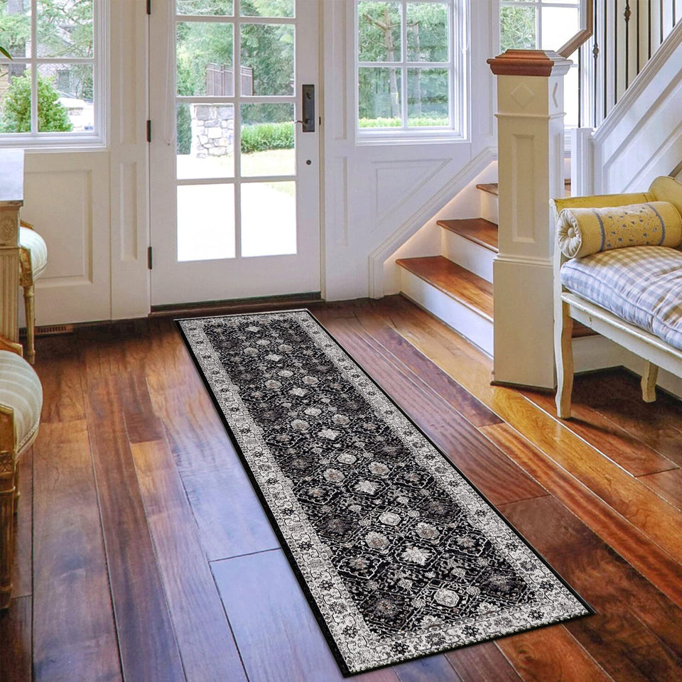 HY HAO YUN LAI hallway runner in black, ideal for high-traffic entryways.