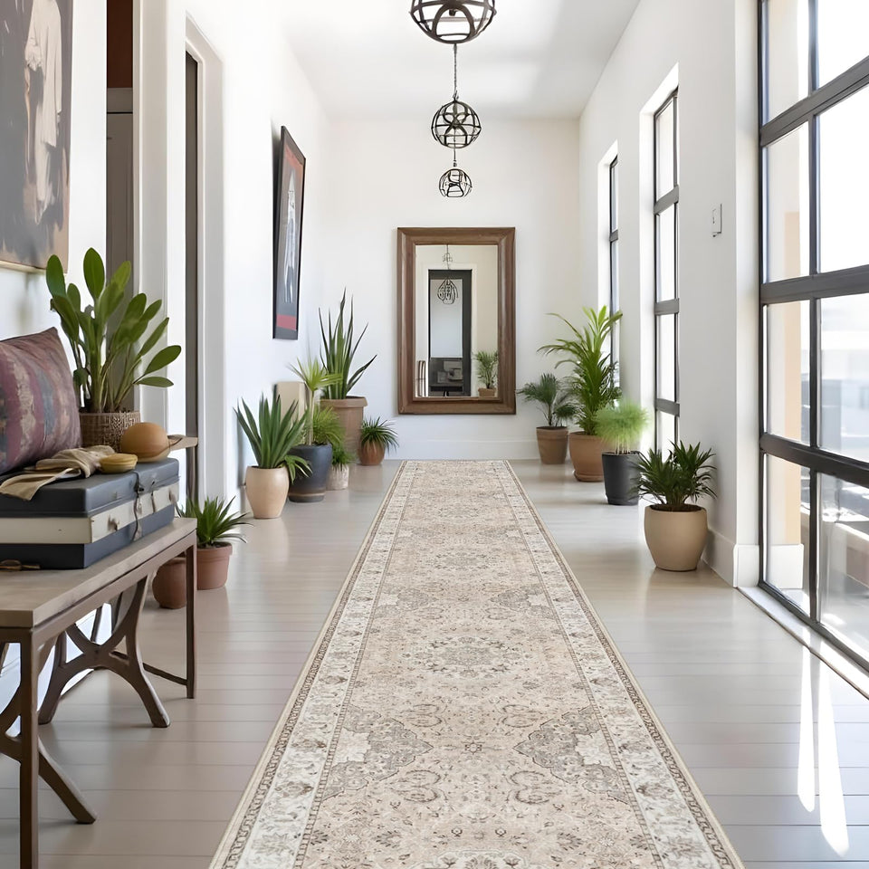 HY Hao Yun Lai hallway runner beige front view highlights soft texture for cozy entryways