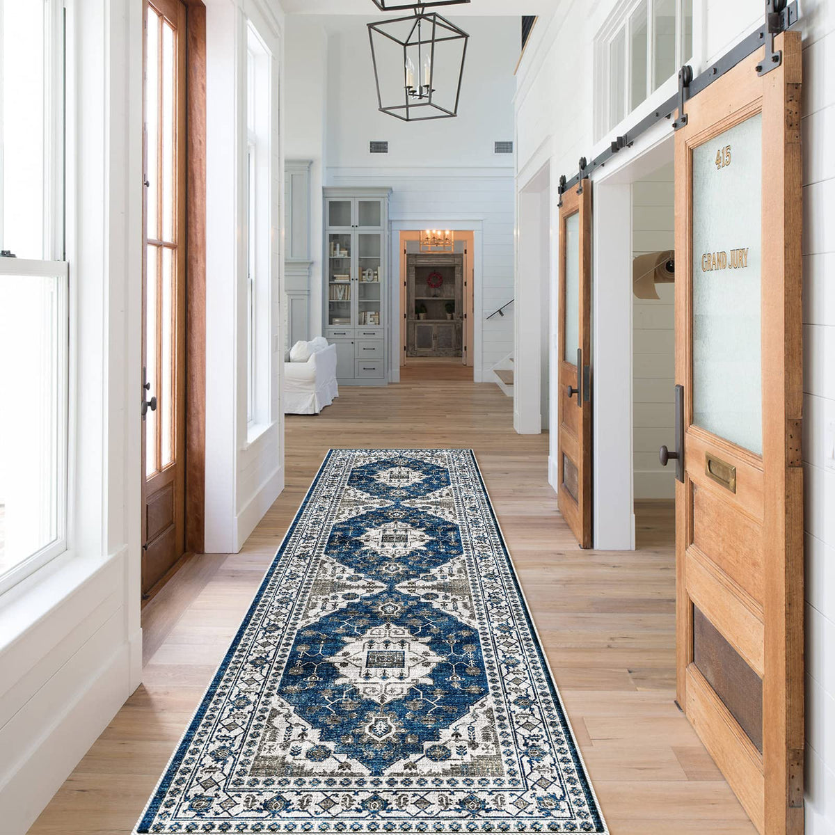 HY Hao Yun Lai hallway runner blue 2x7 with non-slip backing enhances safety.