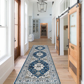 HY Hao Yun Lai hallway runner blue 2x7 with non-slip backing enhances safety.