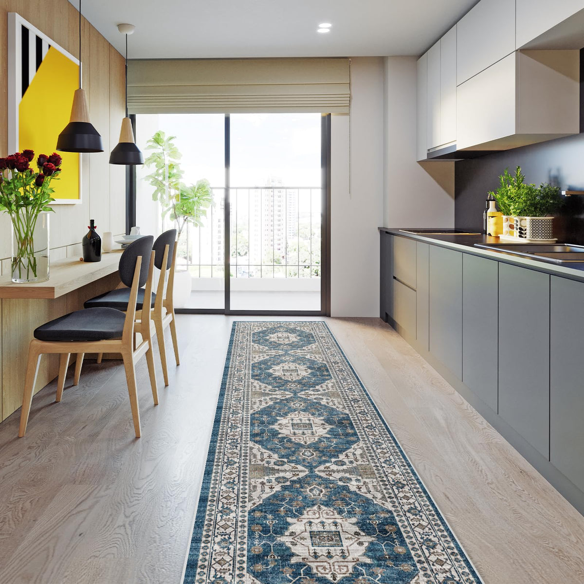 HY Hao Yun Lai hallway runner blue detailed texture emphasizes durable, low-pile design for daily wear.