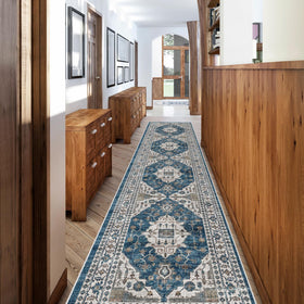 HY Hao Yun Lai hallway runner blue front view highlights vibrant color and soft texture for busy entrances.