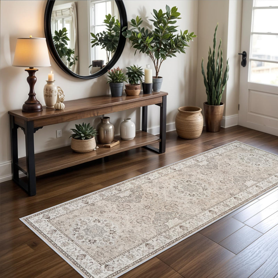 HY HAO YUN LAI washable 2x8 beige hallway runner rug with subtle weave for entryways.