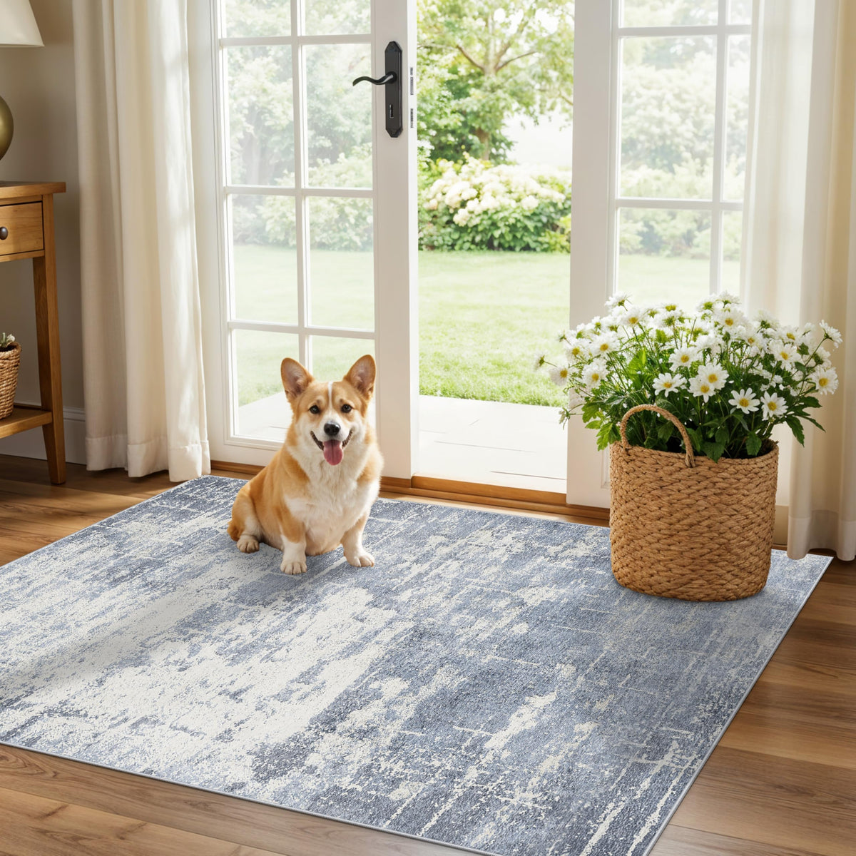 HY HAO YUN LAI kitchen area rug in blue and ivory with abstract pattern for spills