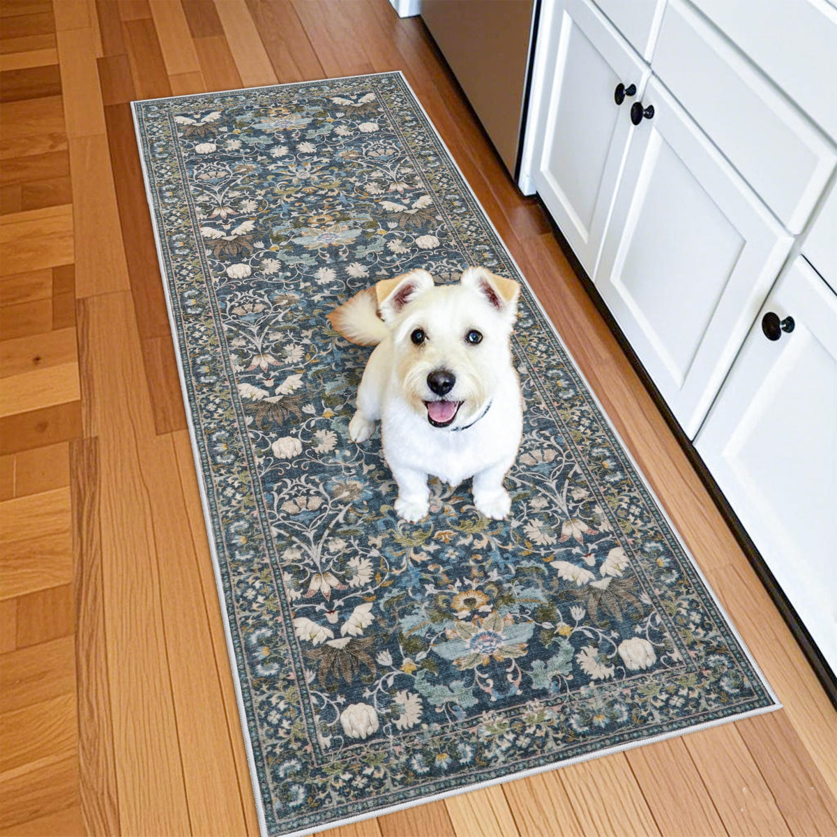 HY HAO YUN LAI washable vintage 2x6 floral blue rug closeup shows soft texture and durability.