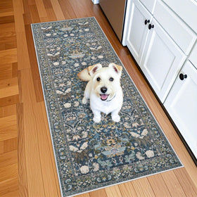 HY HAO YUN LAI washable vintage 2x6 floral blue rug closeup shows soft texture and durability.