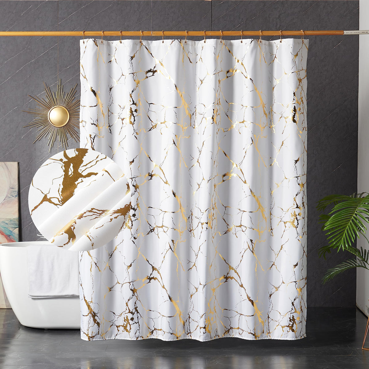 HYAWGE marble shower curtain in white and gold adds luxurious style and privacy.