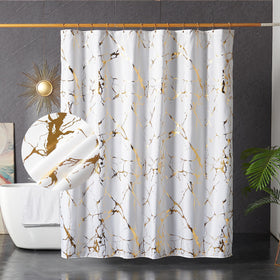 HYAWGE marble shower curtain in white and gold adds luxurious style and privacy.
