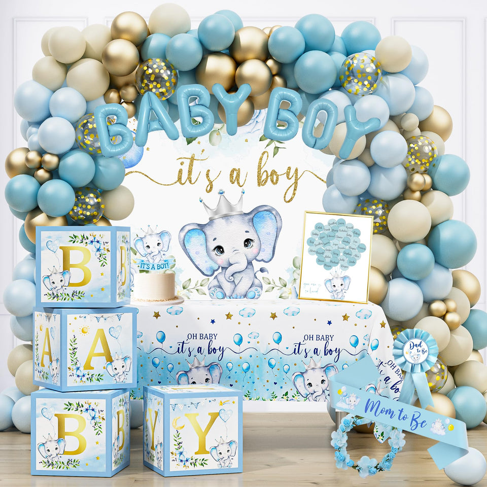 HYCSANBAO elephant baby shower backdrop in blue creates a focal point for photos.