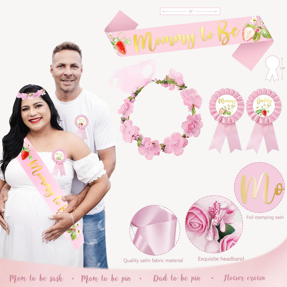 HYCSANBAO mommy to be pin accents the pink gender reveal theme.