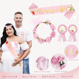 HYCSANBAO mommy to be pin accents the pink gender reveal theme.