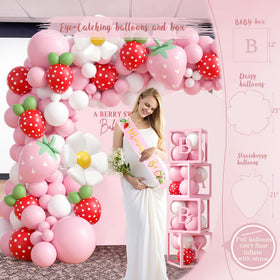 HYCSANBAO strawberry baby shower tablecloth ties the setup together.