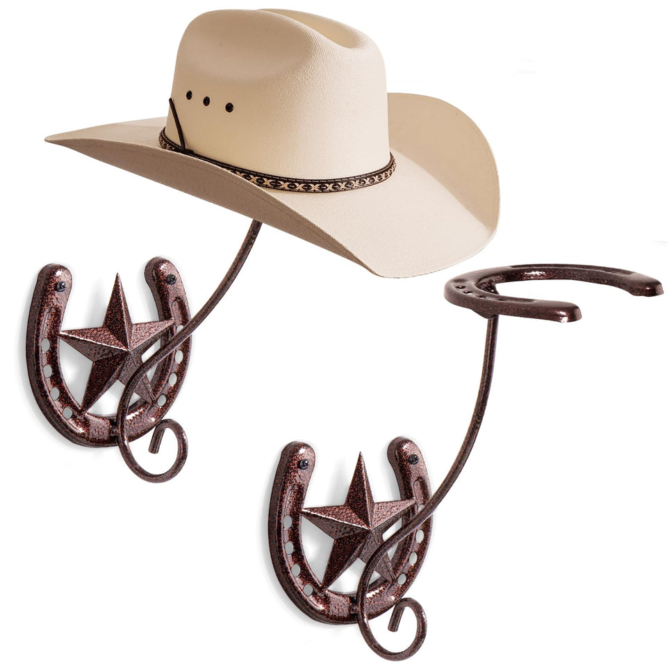 HYDERMUS cowboy hat rack on wall with antique bronze horseshoe decor for organized display