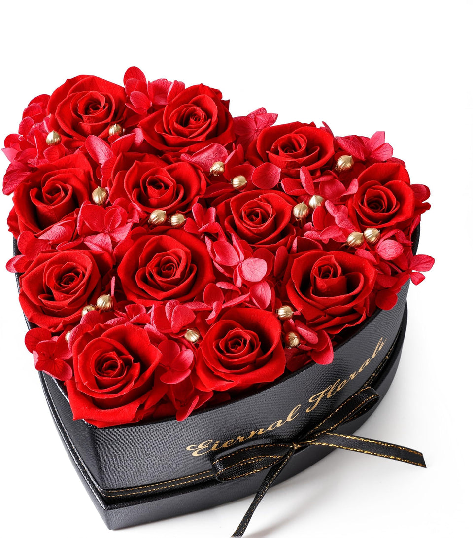 HyeFlora 12 preserved roses in a heart box for timeless gift appeal.