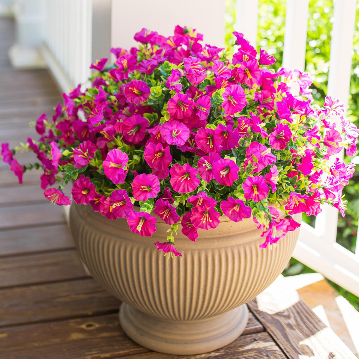 HyeFlora artificial outdoor flowers in fuchsia morning glory bundles for curb appeal.