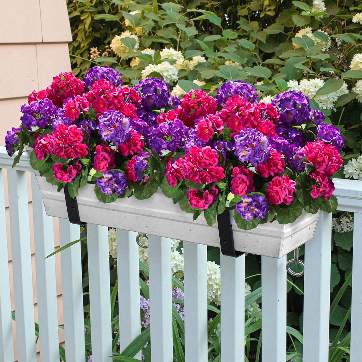 HyeFlora artificial geranium porch planter for year-round color with low maintenance.