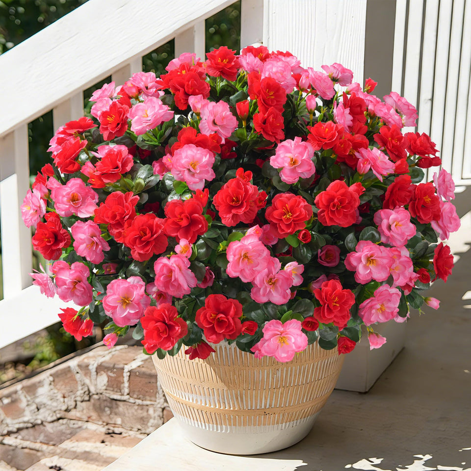 HyeFlora artificial camellia outdoor melon red bundle adds year-round color to porches.