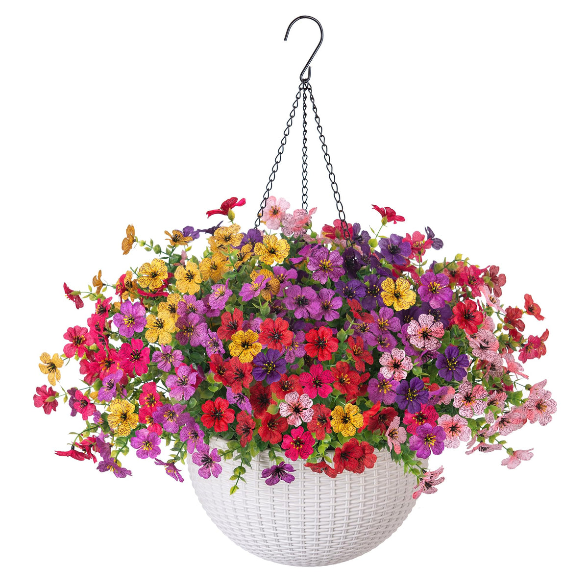 HyeFlora artificial daisy hanging basket outdoors for year-round decoration.