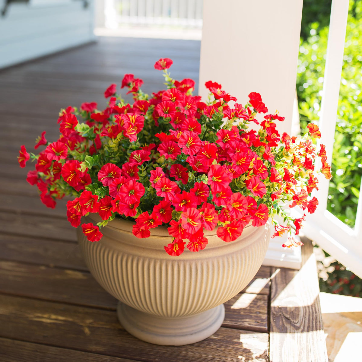 HyeFlora artificial red morning glory with green eucalyptus leaves outdoors