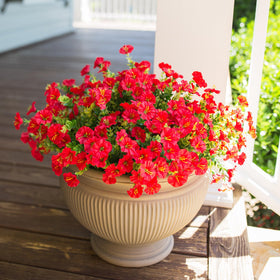 HyeFlora artificial red morning glory with green eucalyptus leaves outdoors