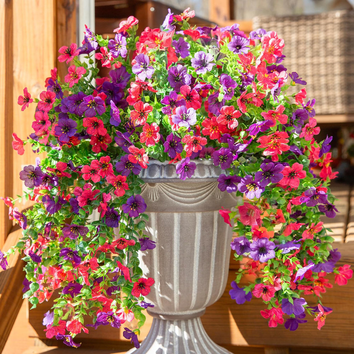 HyeFlora outdoor artificial flowers in purple and hotpink for vibrant porch decor.