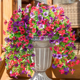 HyeFlora outdoor artificial flowers in purple and hotpink for vibrant porch decor.