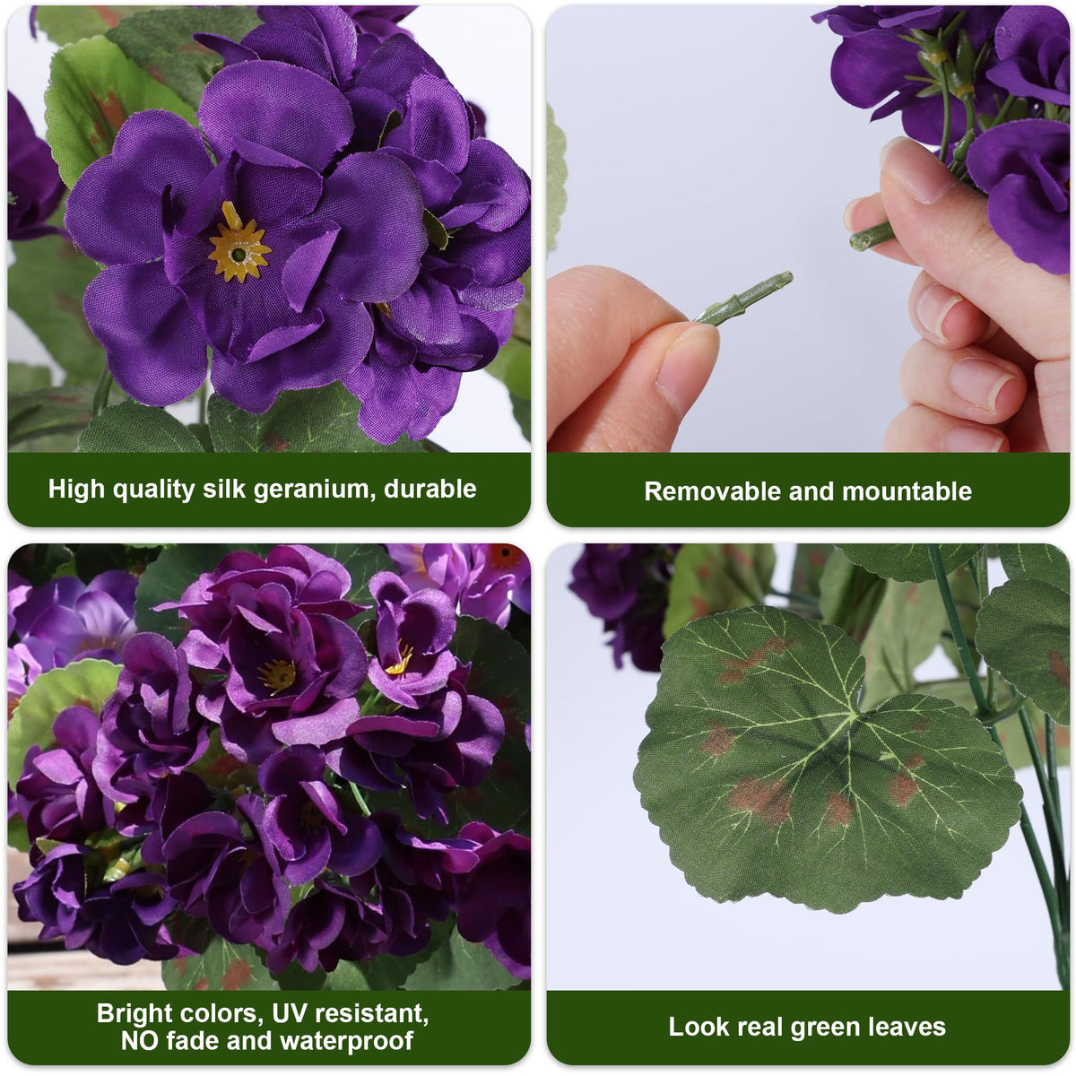 Sturdy metal and plastic stem details of HyeFlora geraniums.