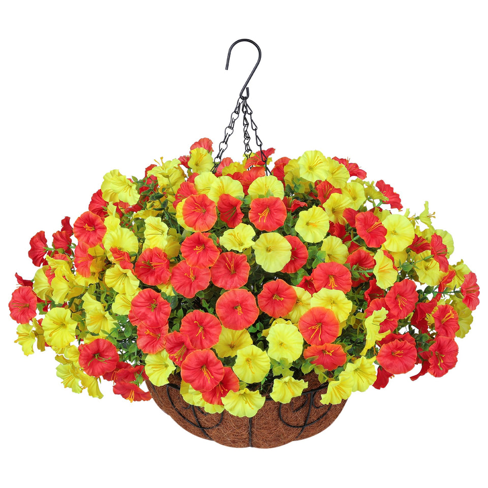 HyeFlora artificial hanging basket flowers outdoors with twelve bundles for vibrant spring curb appeal.