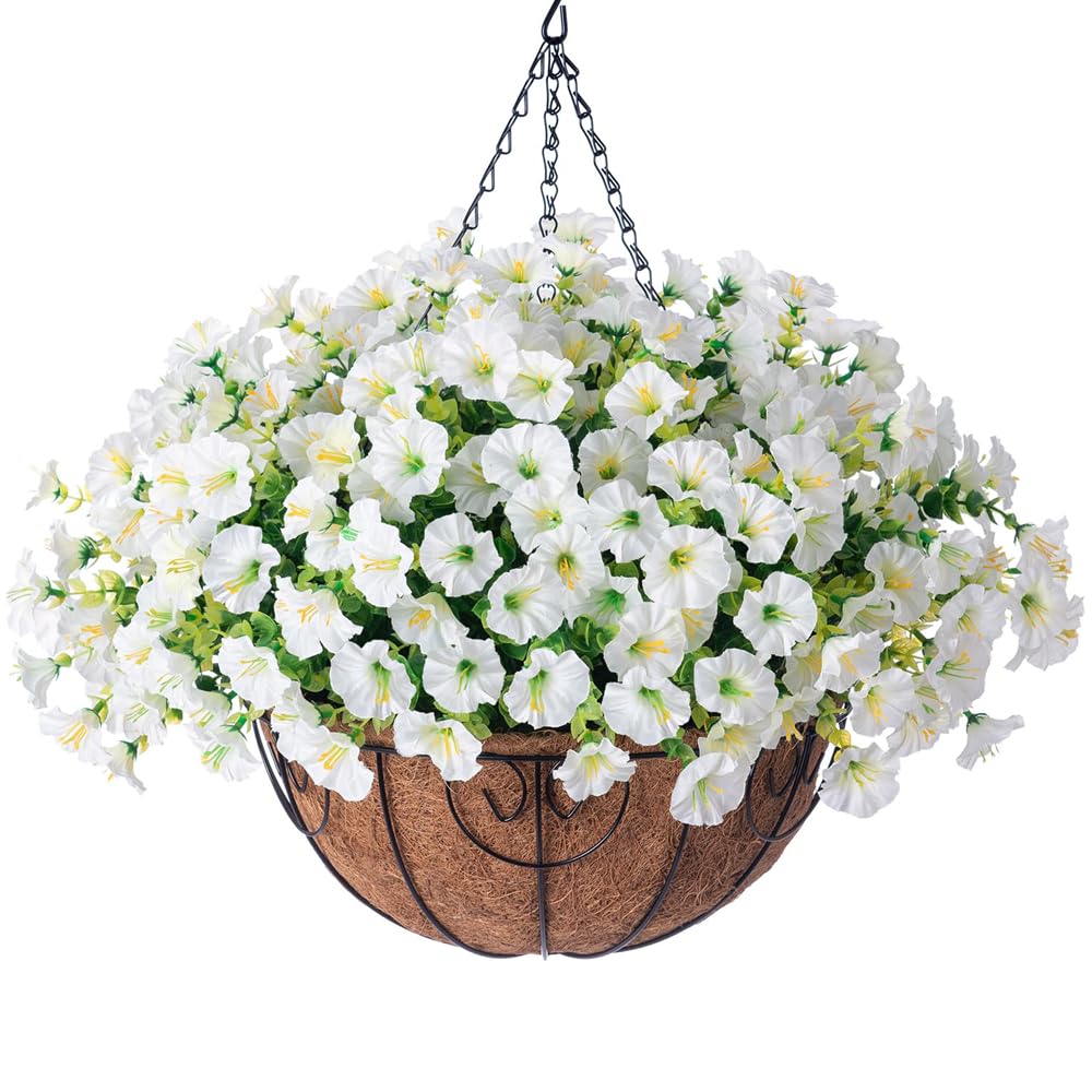 HyeFlora artificial hanging basket with morning glory and eucalyptus for low-maintenance outdoor decor.