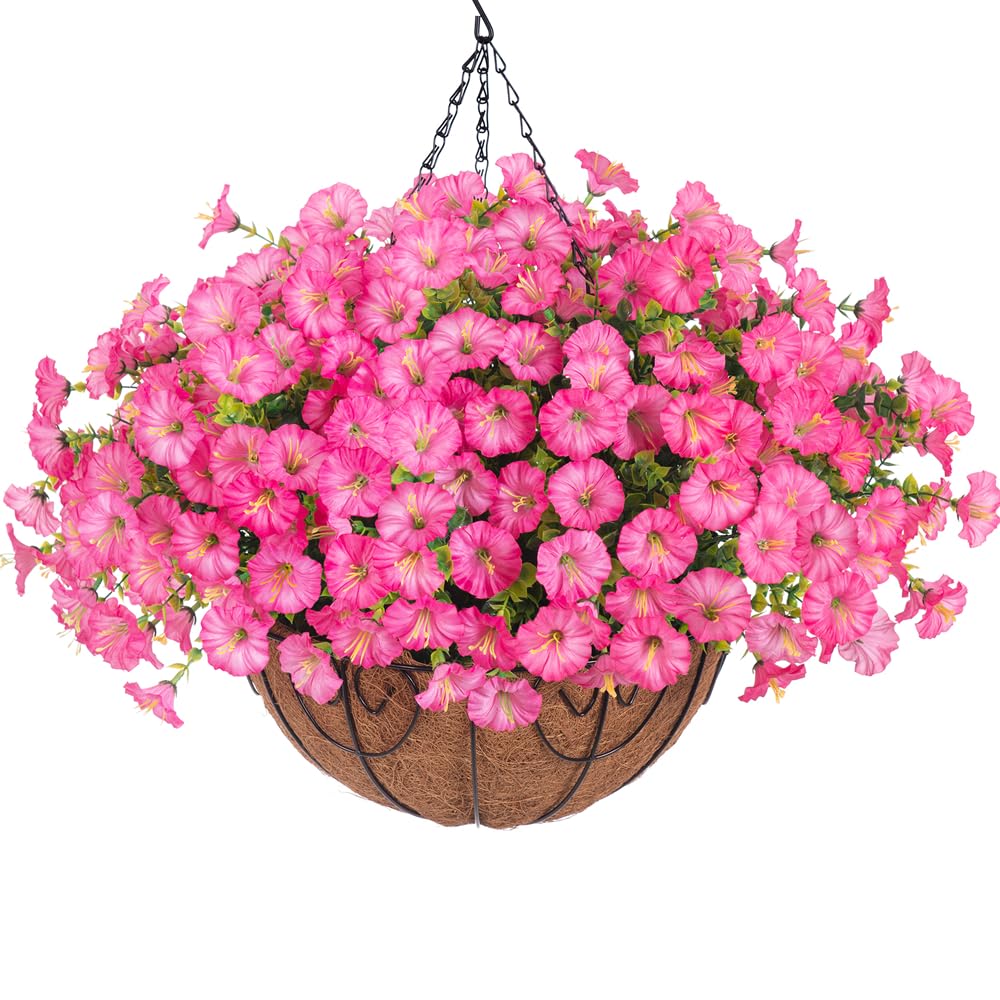 HyeFlora artificial hanging basket for outdoor setup with morning glory and eucalyptus